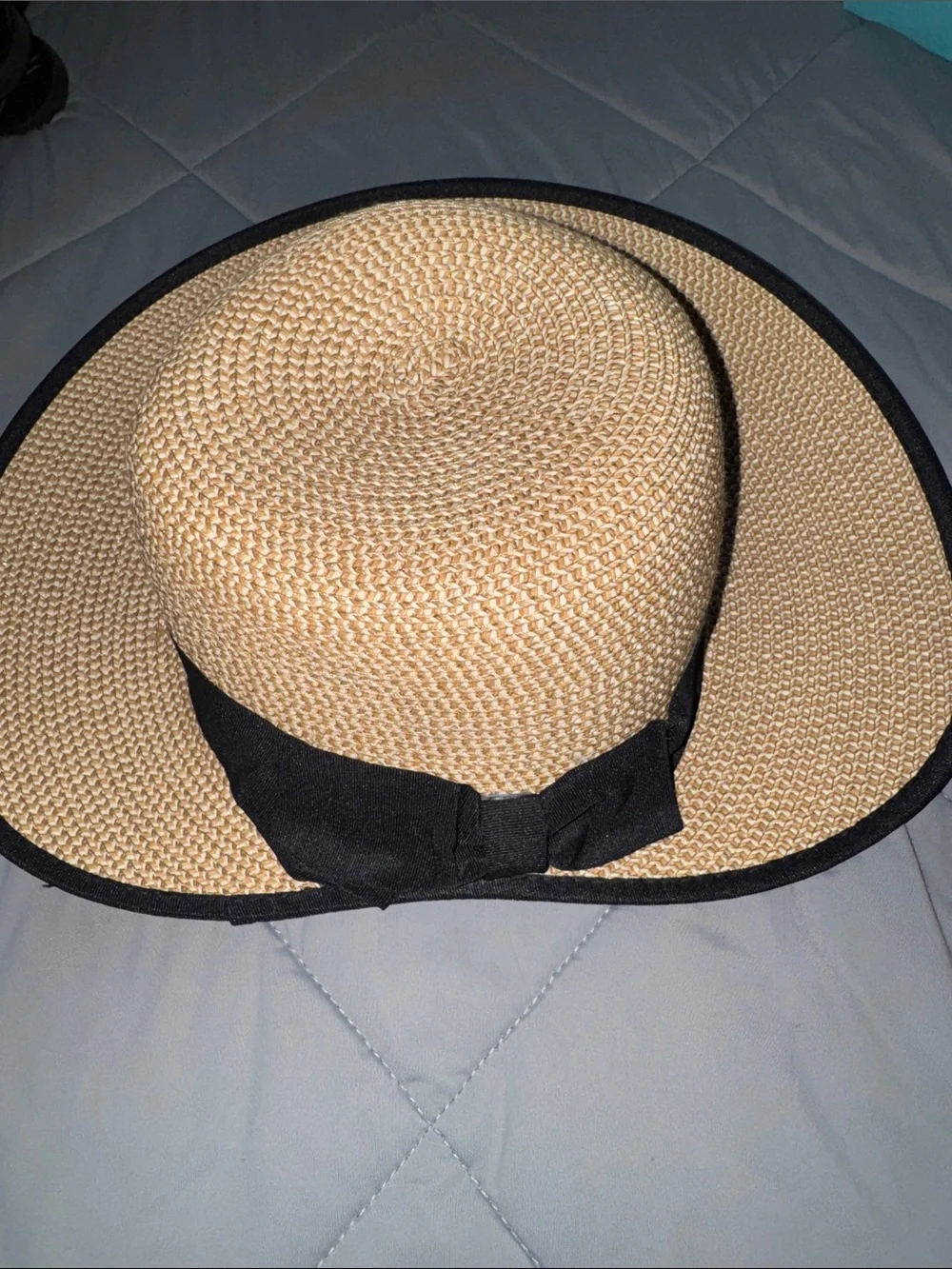 Straw Sun Hat with Black Band and Trim